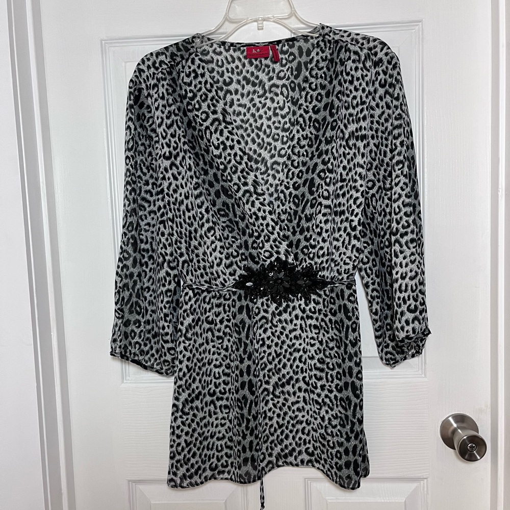 Tapemeasure Plus Leopard Print Faux Wrap Blouse with Embellished Waist